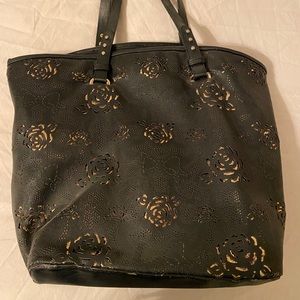 Betsy Johnson black tote w gold rose flower design